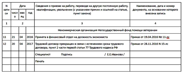 Образец записи о приеме на работу временно в трудовой книжке