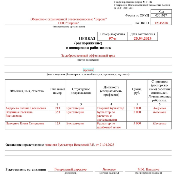 Составление представления на премирование