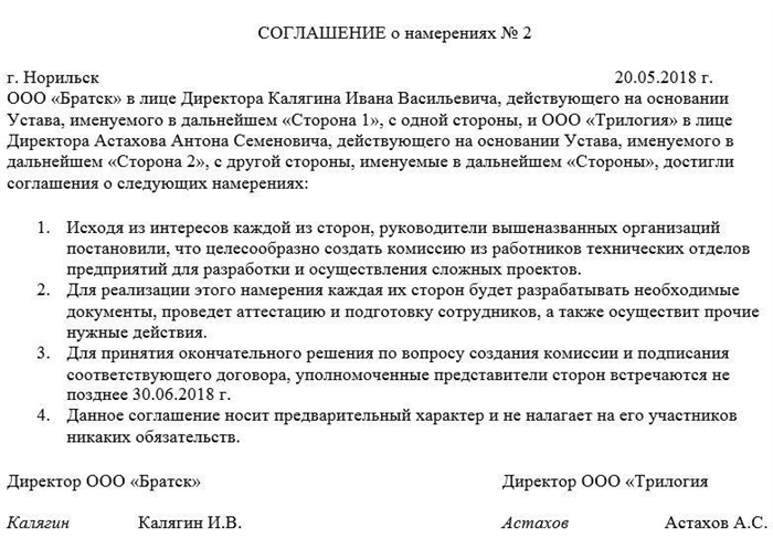 Соглашение о намерениях сотрудничества