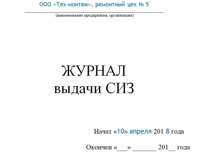 Элементы журнала учета выдачи СИЗ