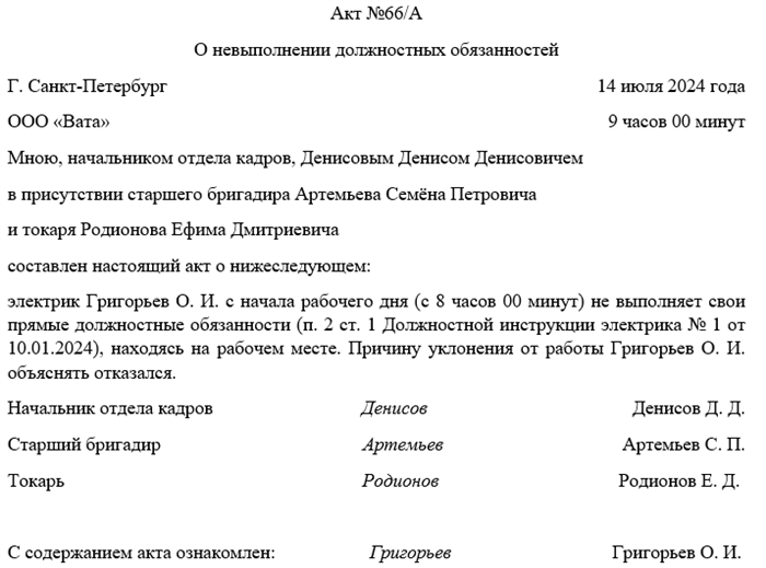 Образец акта о нарушении